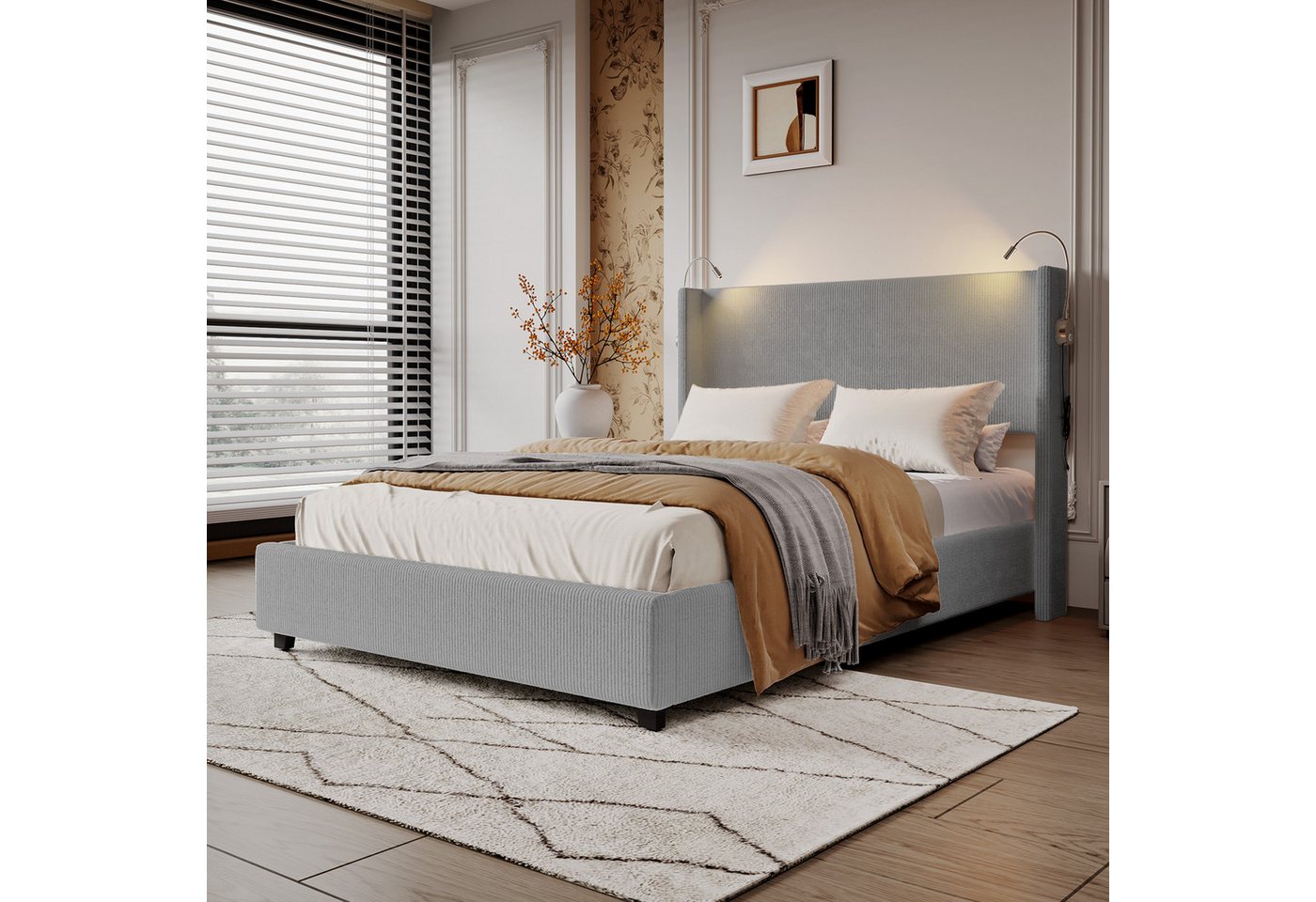 PXloue Polsterbett Doppelbett Stauraumbett 140x200 cm, mit 2 Leselicht und USB Ladefunktion, Cordstoff, 140x200 cm von PXloue