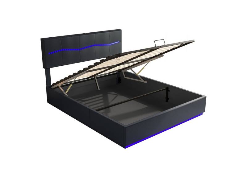 PXloue Polsterbett 180x200 Doppelbett Stauraumbett (USB- und Typ-C-Ladeschnittstelle), mit LED Beleuchtung und Lattenrost, Bettkasten, 180x200 cm von PXloue