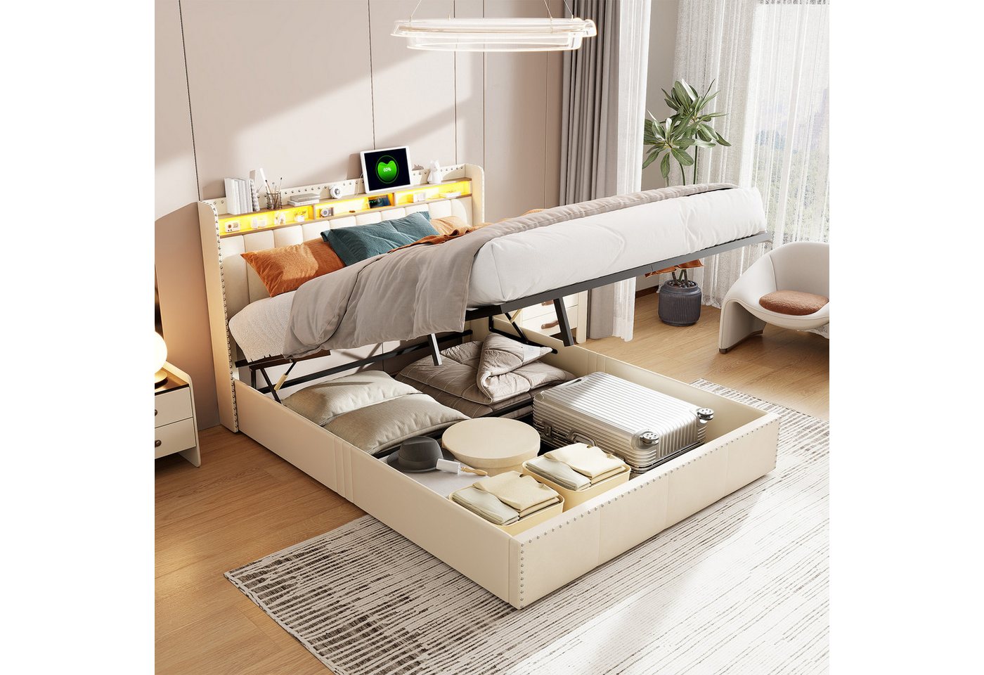 PXloue Polsterbett Doppelbett Stauraumbett mit bettkasten (Geeignet für Jungen und Mädchen), mit Lattenrost und USB- und TYP-C-Ladeanschlüsse, Samt, 140x200 cm von PXloue