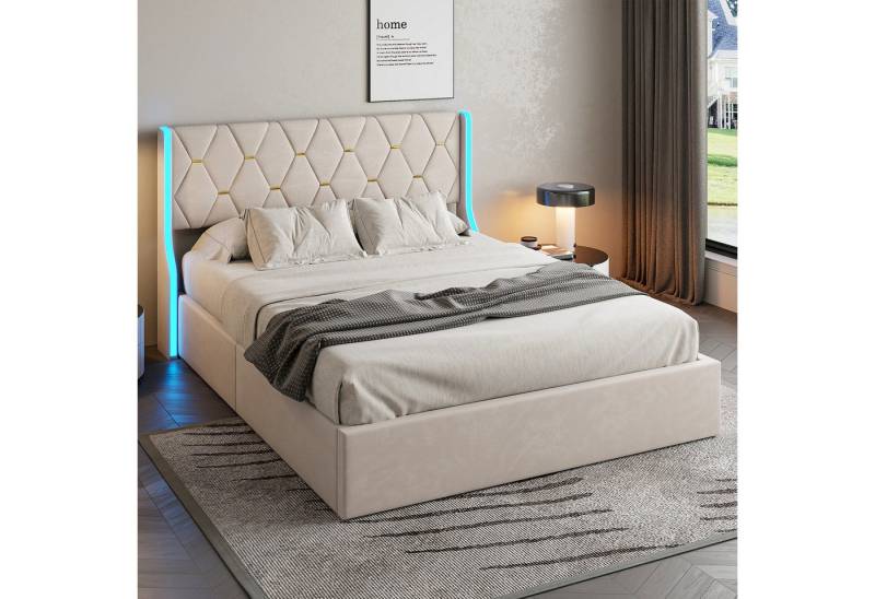 LuxeLiving Polsterbett Doppelbett Stauraumbett mit bettkasten (Hydraulisch anhebbarer Stauraum), mit Lattenrost und Stauraum, LED-Beleuchtung, 140x200 cm von LuxeLiving