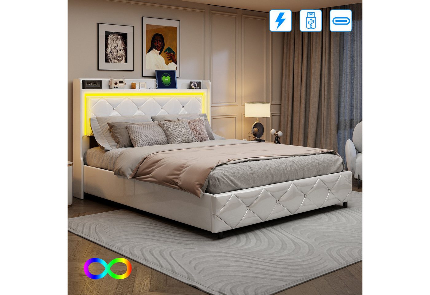 PXloue Polsterbett Doppelbett Stauraumbett (2 USB-Anschlüsse und 1 Typ-C-Ladeport), mit Hydraulischer Hubbettkasten und Lattenrost,Kunstleder,160x200 cm von PXloue