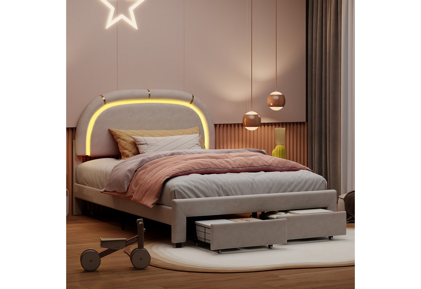 PXloue Polsterbett Kinderbett Jugendbett (Kopfteil hochstellbar), Doppelbett,Cloud-Kopfteil,mit LED-Beleuchtung und Lattenrost,140x200cm von PXloue