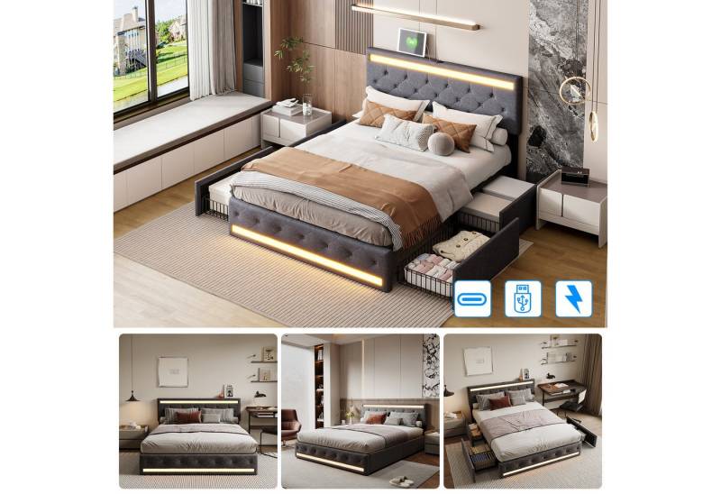 PXloue Polsterbett LED Doppelbett, Jugendbett, mit LED-Beleuchtung und USB/Type-C Anschlüssen, 140x200cm von PXloue