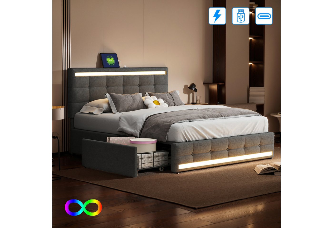 PXloue Polsterbett LED Doppelbett (Geeignet für Jugendliche und Kinder), Stauraumbett,mit LED-Beleuchtung und USB/Type-C Anschlüssen,140x200cm von PXloue