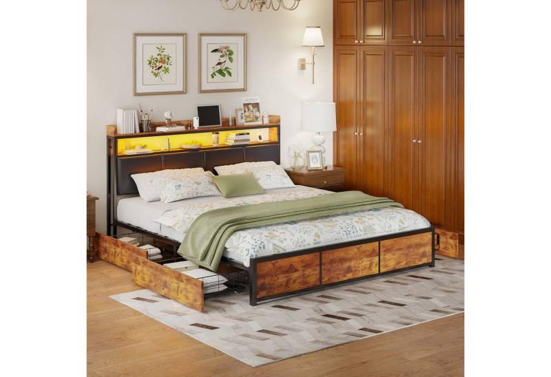 PXloue Polsterbett LED Doppelbett Metallbett Massivholzbett, Stauraumbett,Mit 4 Schubladen und LED-Beleuchtung,180x200cm von PXloue