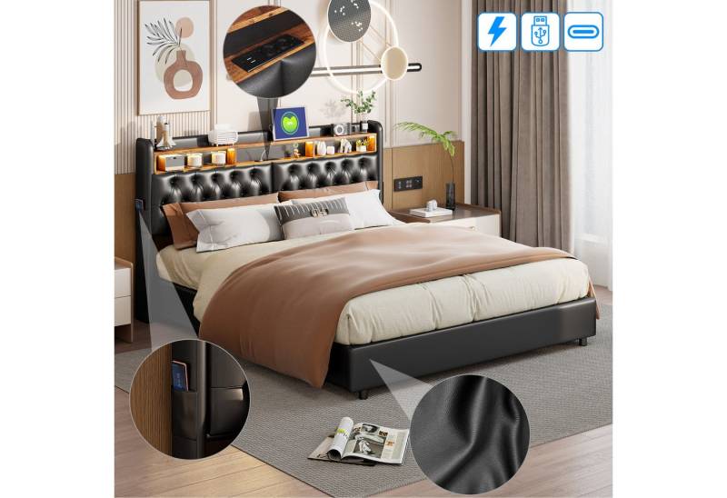 PXloue Polsterbett Doppelbett Stauraumbett, Polsterbett 140x200,mit USB-Laden und Stauraum am Kopfteil von PXloue