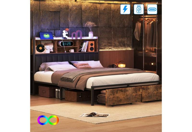 PXloue Polsterbett LED Doppelbett Stauraumbett (mit 2 Schubladen) (Für Jugendliche geeignet), Metallbett,Kopfteil Mit USB- und Typ-C-Ladeschnittstelle,140x200 cm von PXloue