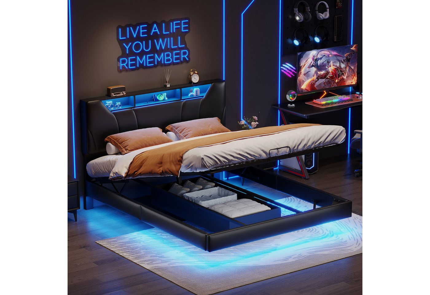 PXloue Polsterbett LED hydraulisches Doppelbett (inkl Aufbewahrungskiste), mit USB-Laden und Stauraum am Kopfteil, PU, 160x200 cm von PXloue
