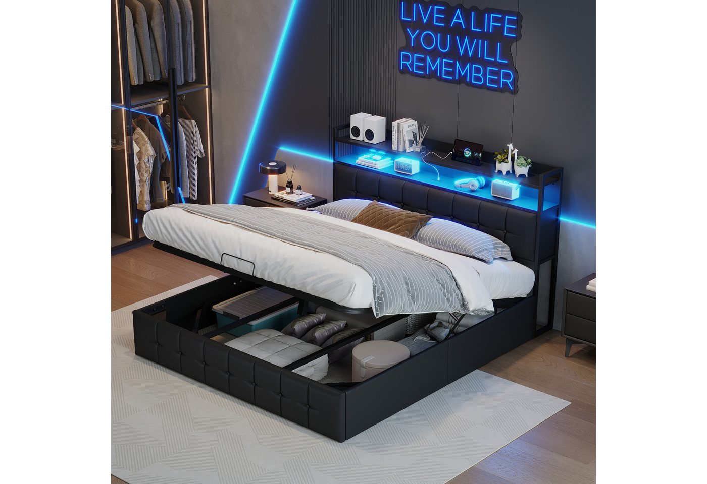 PXloue Polsterbett LED hydraulisches Doppelbett (inkl. Hydraulisch anhebbarer Bettstauraum), mit USB-Laden und Stauraum am Kopfteil,Kunstleder,160x200 cm von PXloue