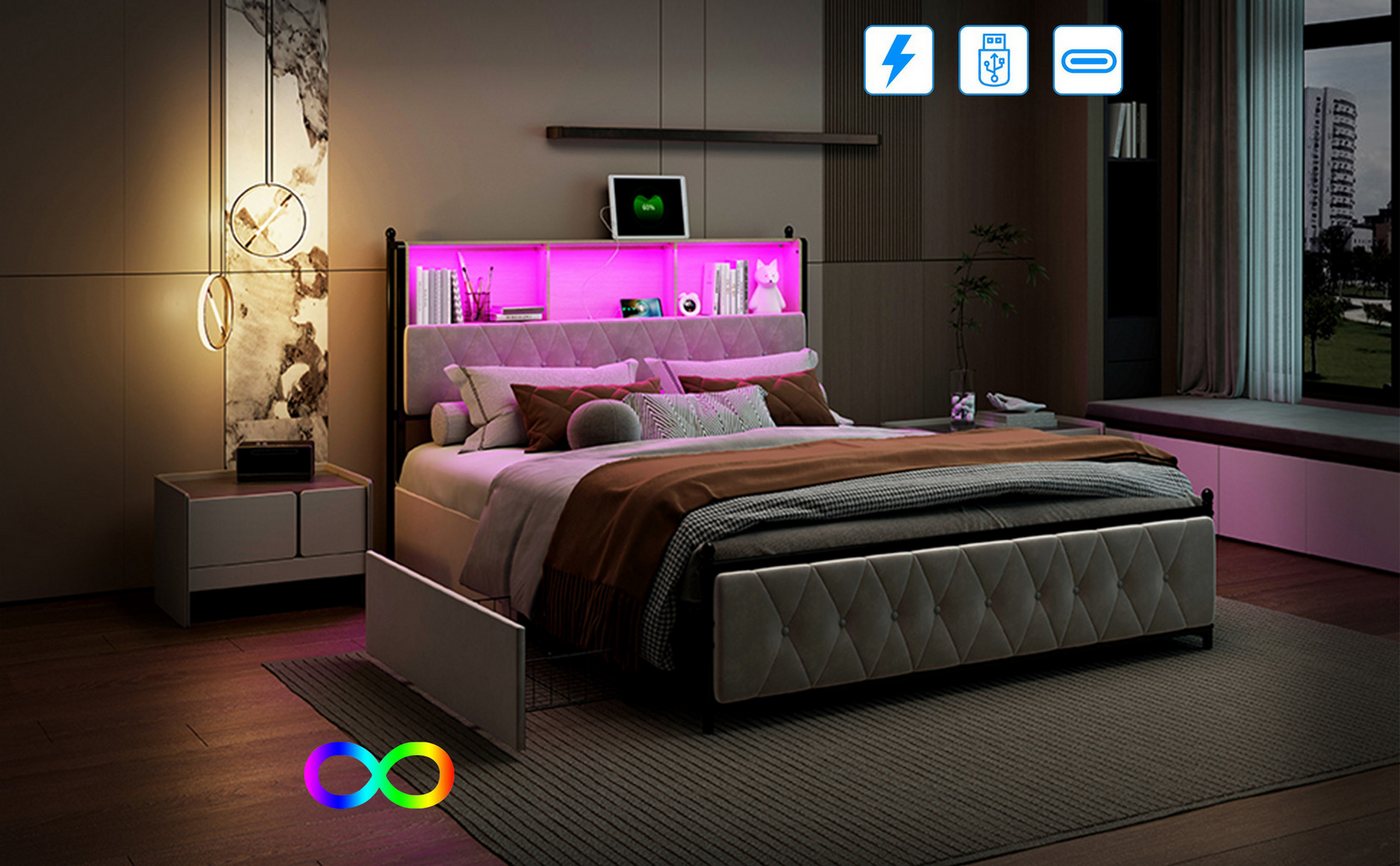 PXloue Polsterbett Metallbett Stauraumbett 140x200/160x200/180x200 (Inklusive USB-Typ-C-Ladeanschluss), LED Doppelbett, mit Bettrahmen und 4 Schubladen, Samt, 160x200cm von PXloue