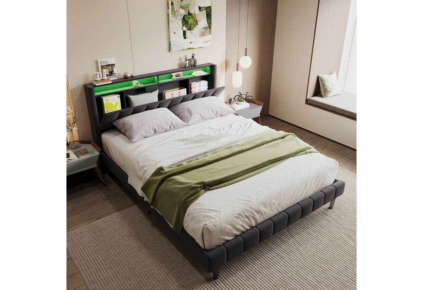 PXloue Polsterbett Stauraumbett (Geeignet für Jugendliche und Kinder), Kopfteil mit 2 USB Ladeanschluss,LED-Beleuchtung,140x200 cm von PXloue