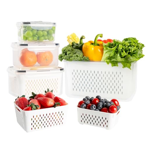 Luxear 4 Set Frischhaltedosen mit Deckel Abtropfgitter, Kühlschrank Organizer Set 4,15L+3,15L+1,7L+0,8L Obst Gemüse Frischhalteboxen mit Griff Luftablassventil Vorratsdosen BPA Frei Spülmaschinenfest von Luxear
