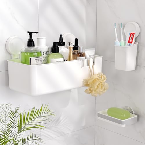 Luxear 3 Set Duschregal Saugnäpfe,Seifenschale und Zahnbürstenhalter,Duschkorb Saugnapf Ohne Bohren,wiederverwendbar Badregal Saugnapf Set für Dusche Badezimmer Küche von Luxear