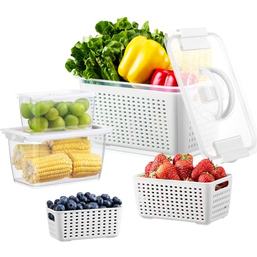 Luxear Frischhaltedosen für Gemüse Obst Aufbewahrung Kühlschrank, 3Set (4L+1,7L+0,5L) BPA Frei Frischhalteboxen mit Abtropfgitter Griff, Salat Früchte Kühlschrankbox Spülmaschinenfest von Luxear