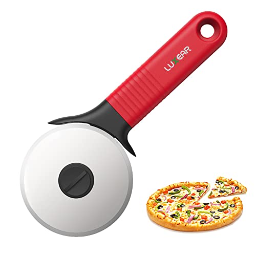 Luxear Pizzaschneider, Pizzaroller aus Edelstahl, Pizzamesser Pizza Cutter mit Schutzhülle, Pizza Schneider mit rutschfestem Griff, Pizzaschere Teigschneider für Pizza Kuchen Waffeln - Rot von Luxear