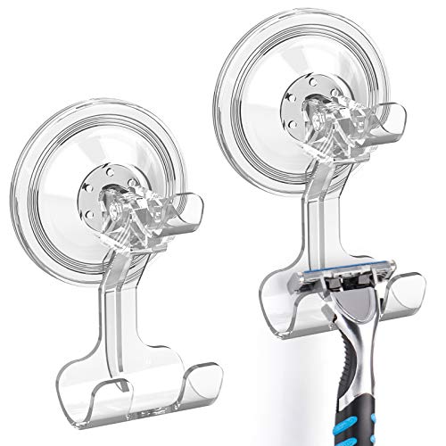 Luxear Rasiererhalter 2 Pack Saugnapf Haken Bad ohne Bohren Stark Doppelhaken Wasserdicht Wiederverwendbar Vakumm Wandhaken für Rasierer Dusche Fliese Badezimmer Küche Glas Wand, Transparent, bis 3 KG von Luxear