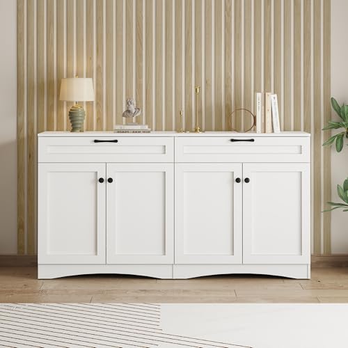 Anrichte,Wohnzimmer-Sideboard mit 2 Schubladen,Beistelltisch mit geschwungenem Design und schwarzem Griff, Mit 2 großen Schränken, insgesamt 7 Ablagefächer,Weißer schlichter Schrank 160*40*85cm von Luxeza