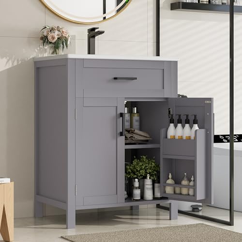 Bodenstehender Badezimmerschrank mit Waschbecken,Waschtisch,komplett lackiert, Doppeltürregale, praktische Schubladen, verstellbare Regale, integriertes Keramikwaschbecken,60 x 46 x 84,8 cm (Grau) von Luxeza