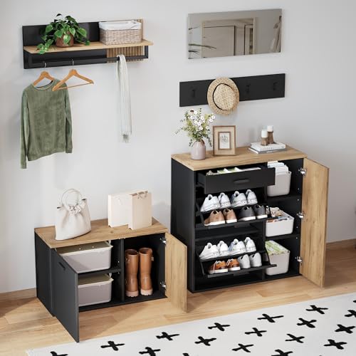 Garderoben-Set, Schrank, Kommode, Spiegel, 2 Schuhschrank, ohne Dekoration, Garderobenpaneel mit Spiegel, Hutablage und 4 Haken,Schuhschrank mit Schuhbank, Flur mit Stauraumtrennwand Garderoben-Set, Schrank, Kommode, Spiegel, 2 Schuhschrank, ohne Dekoration, Garderobenpaneel mit Spiegel, Hutablage und 4 Haken,Schuhschrank mit Schuhbank, Flur mit Stauraumtrennwand von Luxeza