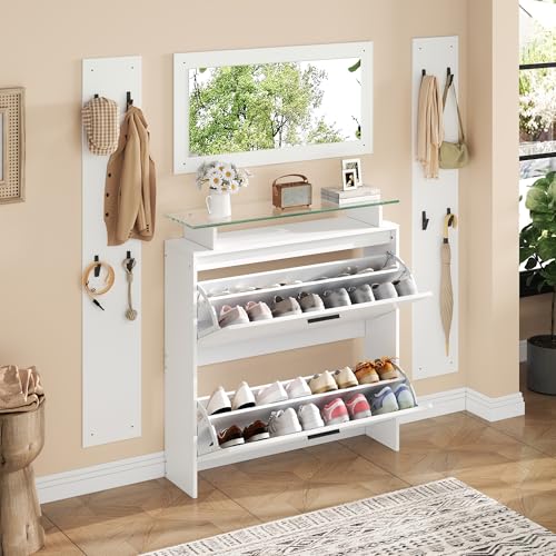 Garderoben-Set 4-teilig mit Spiegel,2 Hutablage und Hochglanz Schuhschrank.Flur Garderobenständer Kleiderständer Set,Flurgarderoben Set,Kompaktgarderobe mit 8 Kleiderhaken,Weiß 89.5*23*96.5cm Garderoben-Set 4-teilig mit Spiegel,2 Hutablage und Hochglanz Schuhschrank.Flur Garderobenständer Kleiderständer Set,Flurgarderoben Set,Kompaktgarderobe mit 8 Kleiderhaken,Weiß 89.5*23*96.5cm von Luxeza