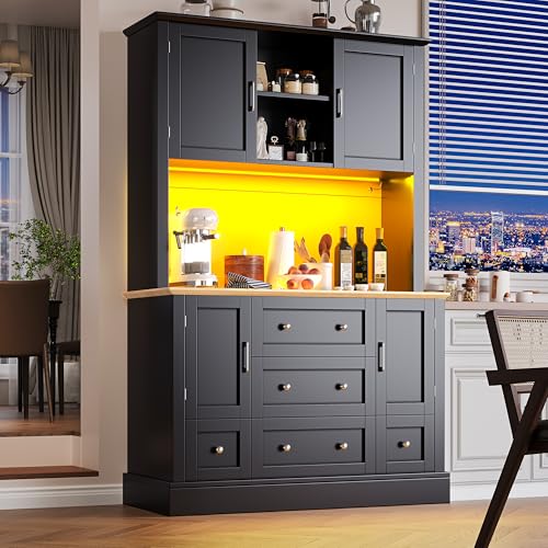 Hochwertiger Hochschrank mit LED-Beleuchtung und App-Steuerung (115×40×180cm ), Moderner Wohnzimmerschrank mit 4 Türen & 3 Schubladen, Küchenvitrine mit Musik-Lichtfunktion & Kippschutz, Schwarz von Luxeza