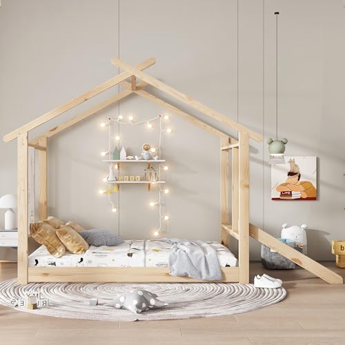 Holzbetten, Kinderbett, Einzelbett, Mit lustiger Rutsche, Stabile Bettlatten, Schönes Dachdesign, Mit beschreibbarer Weißwandtafel, Kiefer + MDF + Sperrholz, Natur, 90x200cm Holzbetten, Kinderbett, Einzelbett, Mit lustiger Rutsche, Stabile Bettlatten, Schönes Dachdesign, Mit beschreibbarer Weißwandtafel, Kiefer + MDF + Sperrholz, Natur, 90x200cm von Luxeza