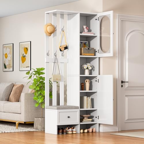Kompaktgarderoben,Startseite Möbel Mit 2 Schränken,Aufbewahrungsschrank aus gehärtetem Glas, Garderoben-Set Weißer Eingangsschrank, Garderobenständer mit Schuhbank und Polster 85*33.5*200cm von Luxeza