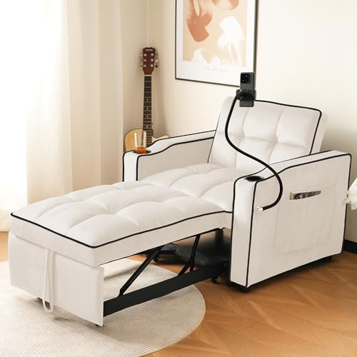 Luxeza 3-in-1 Ausziehbares Einzel-Schlafsofa – Mit Getränkehaltern und Handyhalter, Sofa-Liegestuhl, Schlafstuhl, Sessel, perfekt für kleine Räume,83 * 167 * 76cm (Beige) von Luxeza
