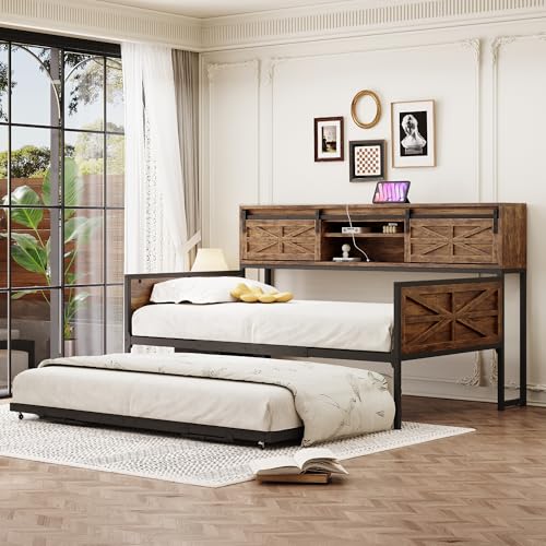 Luxeza 90 * 200cm Eisen Sofabett, Ausziehbares Sofabett mit Mehreren Ablagefächern und multifunktionalen Steckdosen, Bügeleisen Einzelbett, Teenagerbett (Schwarz + Braun) von Luxeza