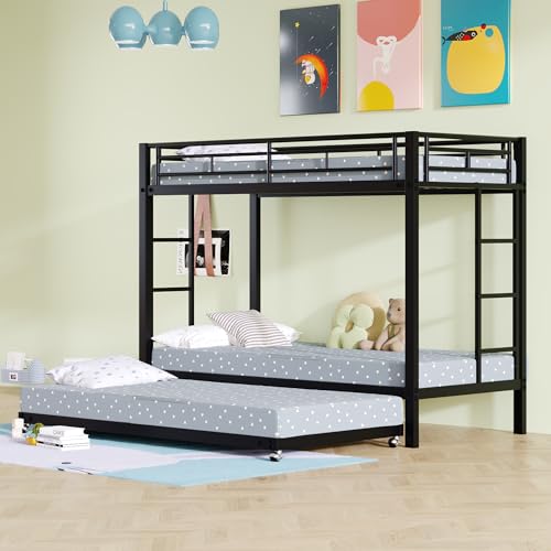 Luxeza 90 * 200cm Etagenbett, Eisenrahmenbett, Kinderbett, ausgestattet mit Ausziehbett, hohe Geländer, EN747 Zertifiziert, robuste Konstruktion (schwarz) von Luxeza