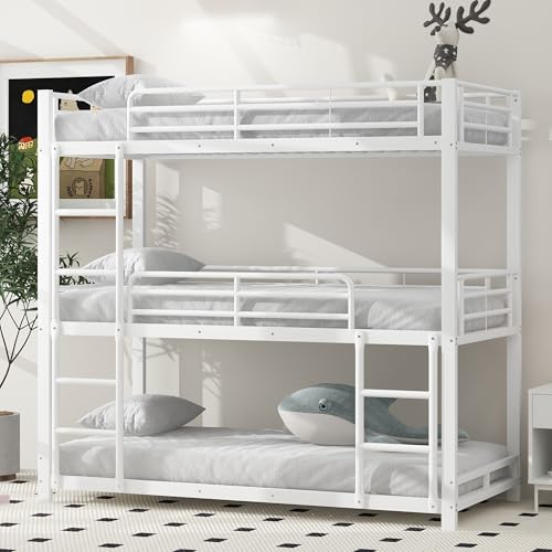 Luxeza 90x200cm Bettgestell Metallbett,Etagenbett,Eisenbett, Dreifach-Etagenbett für Kinder, Jugendliche und Erwachsene (Weiß) von Luxeza