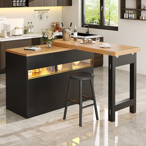 Luxeza Ausziehbarer Bartisch mit LED-Beleuchtung und 360° Drehfunktion, Höhenverstellbar 120-180cm, Moderner Kücheninsel Tisch mit Stauraum, für Wohnzimmer, Esszimmer, Homeoffice von Luxeza