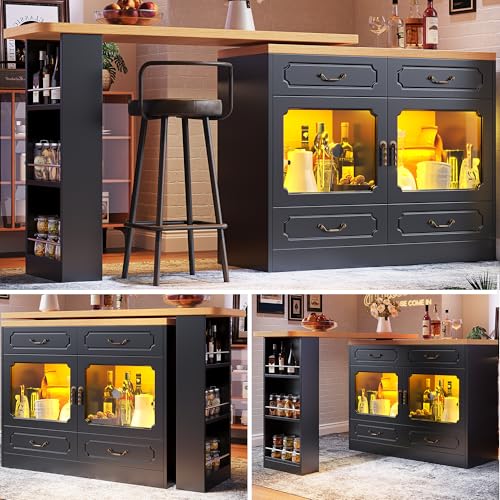 Luxeza Ausziehbarer Bartisch mit Stauraum(135-203×39×92.8cm), 360° drehbare Essbar, geeignet für Schlafzimmer, Wohnzimmer, Esszimmer, Teleskopischer Bartisch mit LED, Hochtisch Kücheninsel (Schwarz) von Luxeza