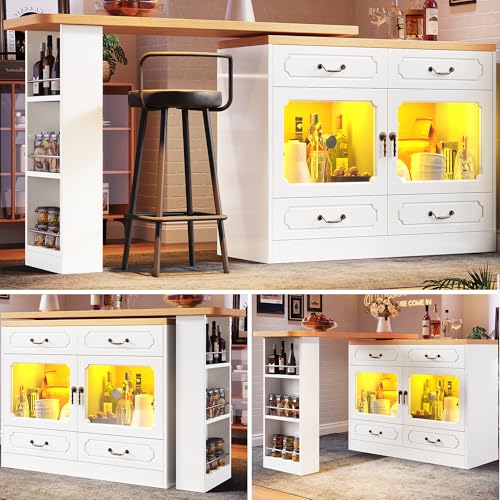 Luxeza Ausziehbarer Bartisch mit Stauraum(135-203×39×92.8cm), 360° drehbare Essbar, geeignet für Schlafzimmer, Wohnzimmer, Esszimmer, Teleskopischer Bartisch mit LED, Hochtisch Kücheninsel (Weiß) von Luxeza