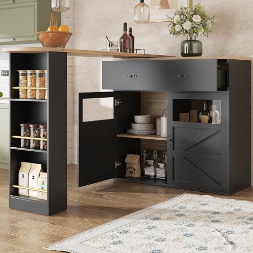 Luxeza Ausziehbarer Bartisch mit Stauraum 360° drehbare Essbar,Moderner Beweglicher Bar Table,Hochtisch Kücheninsel Bistro Table, Sideboardschrank mit Regalen, (138-204×39×104cm) (Schwarz) von Luxeza