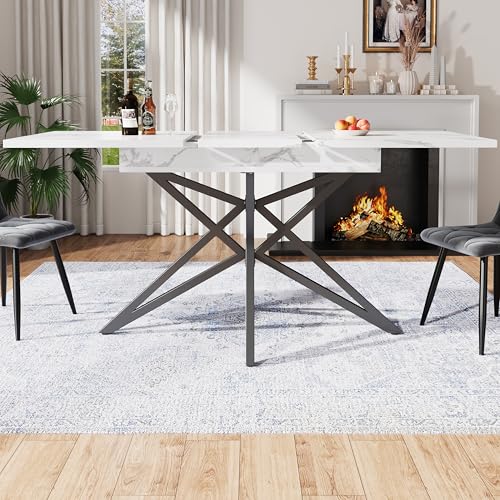 Luxeza Ausziehbarer Esstisch 120 (160) x 80 cm, ausziehbarer Küchentisch, Frühstückstisch, sternförmige Tischbeine, Schwarze Eisenbeine (Marmorimitat Weiß) von Luxeza