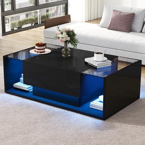 Luxeza Couchtisch,kaffetisch mit 1 Schublade und LED-Lichtleiste, Beistelltisch aus gehärtetem Glas,Hochglanz-Sofatisch,Wohnzimmertisch mit minimalistischem Design 100 * 50 * 31cm (Schwarz) von Luxeza