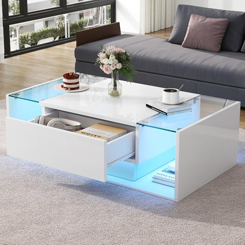 Luxeza Couchtisch,kaffetisch mit 1 Schublade und LED-Lichtleiste, Beistelltisch aus gehärtetem Glas,Hochglanz-Sofatisch,Wohnzimmertisch mit minimalistischem Design 100 * 50 * 31cm (weiß) von Luxeza
