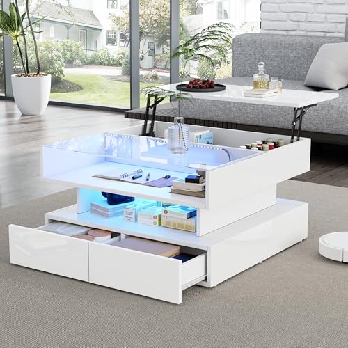 Luxeza Couchtisch Höhenverstellbarer Kaffeetisch mit Verstecktem Stauraum und 2 Schubladen,Sofatisch mit LED-Leuchten,Hochglanz-Wohnzimmer-Beistelltisch,Wohnzimmertisch aus gehärtetem Glas (Weiß) von Luxeza