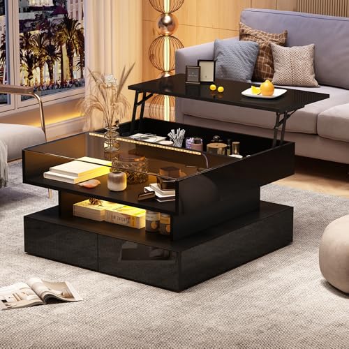 Luxeza Couchtisch Höhenverstellbarer Kaffeetisch mit Verstecktem Stauraum und 2 Schubladen,Sofatisch mit LED-Leuchten,Hochglanz-Wohnzimmer-Beistelltisch,Wohnzimmertisch aus gehärtetem Glas (Schwarz) von Luxeza