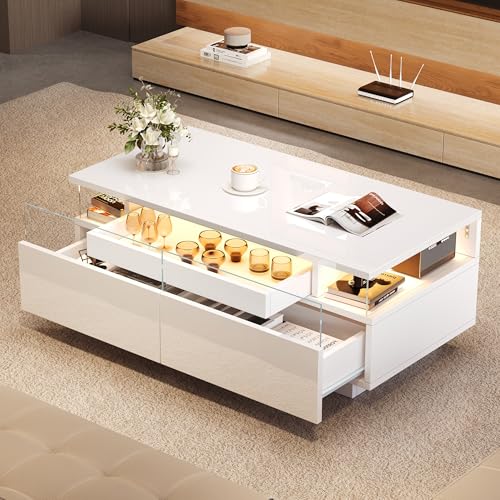 Luxeza Couchtisch mit Tablett, Hochglanz-Couchtisch fürs Wohnzimmer, Sofatisch mit 2 Schubladen, tragender Beistelltisch aus gehärtetem Glas, kaffeetisch mit LED-Licht, 90 * 45 * 35.5 cm (Weiß) von Luxeza