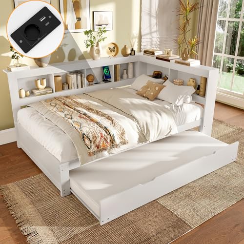 Luxeza Daybett, Schlafsofa, Mit Steckdose und 2 USB-Anschlüssen, Bett mit Lattenrost (ohne Matratze), Spanplatte(Weiß mit ausziehbarem Bett, 140 x 200 cm) von Luxeza