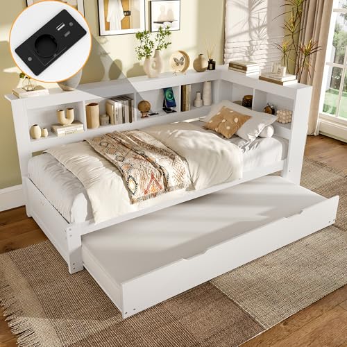 Luxeza Daybett, Schlafsofa, Mit Steckdose und 2 USB-Anschlüssen, Bett mit Lattenrost (ohne Matratze), Spanplatte(Weiß mit ausziehbarem Bett, 90 x 200 cm) von Luxeza
