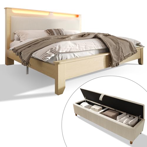 Luxeza Doppelbett Holzbett 140×200cm mit Bettbank, Kopfteil mit Stauraum, LED-Beleuchtung und Beigefarbener Cordpolster-Rückenlehne, Inklusive Bettbank mit Stauraum, Heller Eiche(Ohne Matratze) von Luxeza
