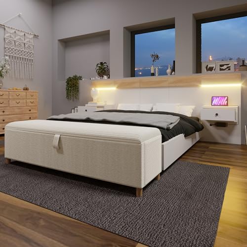 Luxeza Doppelbett-Komplettset 140x200 cm mit 2 LED-Nachttischen & USB-C + Bettbank 145x38 cm Hydraulik-Stauraum, Bett in Eiche Sonoma/Weiß + Bank mit Beiger Cord-Optik (Ohne Matratze) von Luxeza