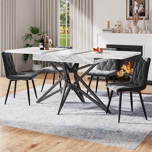 Luxeza Esstisch-Set (120/160 × 68 cm Esstisch mit 4 Stühlen), ausziehbarer, modernes Küchen-Esstisch-Set, dunkelgraue Küchenstühle aus diagonal gemustertem Samt (Weiß) von Luxeza