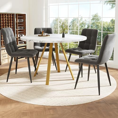 Luxeza Esstisch-Set (5-teilig), runder Esstisch, 80×80×75 cm Esstisch (inkl. 4 Esszimmerstühle), runder Couchtisch für 4 Personen, Samtstühle (inkl. weißem Marmortisch), graue Esszimmerstühle von Luxeza