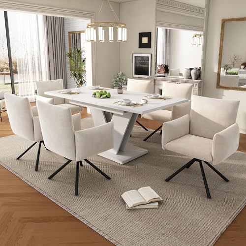 Luxeza Esstisch-Set (einschließlich Esstisch und 6 Stühlen), versenkbarer Esstisch, 120/160 * 80 cm, verdickte Tischplatte, V-förmige Beine, Samtstuhlstoff, weißer Tisch, beige Stühle von Luxeza