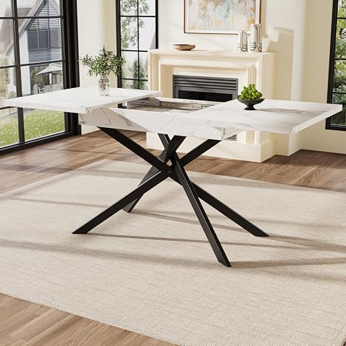 Luxeza Esstisch Teleskoptisch(120-160cm),Ausziehbarer,platzsparender Küchentisch,Schwarz gekreuzte Eisenbeine,für Küche und Wohnzimmer,Weißer marmorierter Esstisch von Luxeza