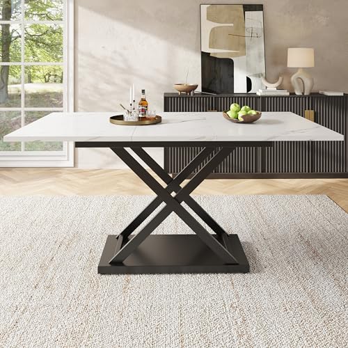 Luxeza Esstisch Teleskoptisch(120-160×80cm), Ausziehbarer Esstisch, platzsparender Küchentisch, Schwarz gekreuzte Eisenbeine,für Küche und Wohnzimmer (Weiß) von Luxeza